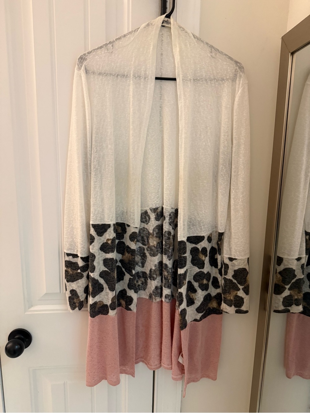 Open-Front Colorblock Cardigan with Leopard Panel - White, Leopard, Pink